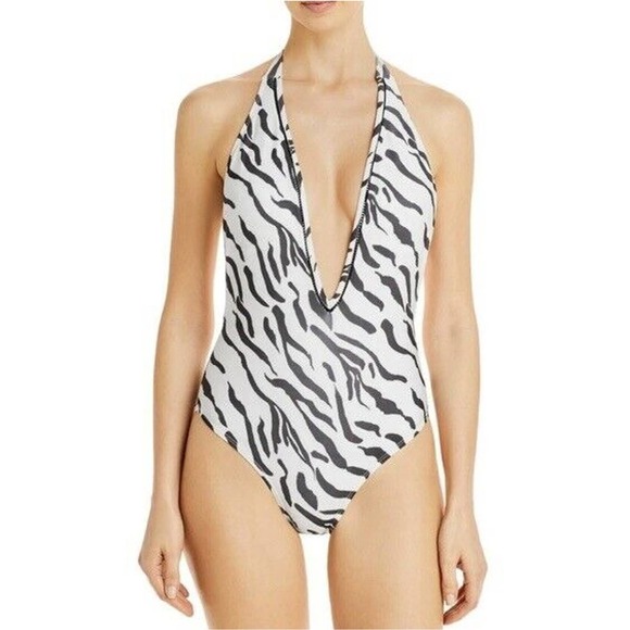 NWT Peixoto Womens Kai Swimsuit Sz Large Wild Zebra Plunging Neckline One Piece - Picture 1 of 14